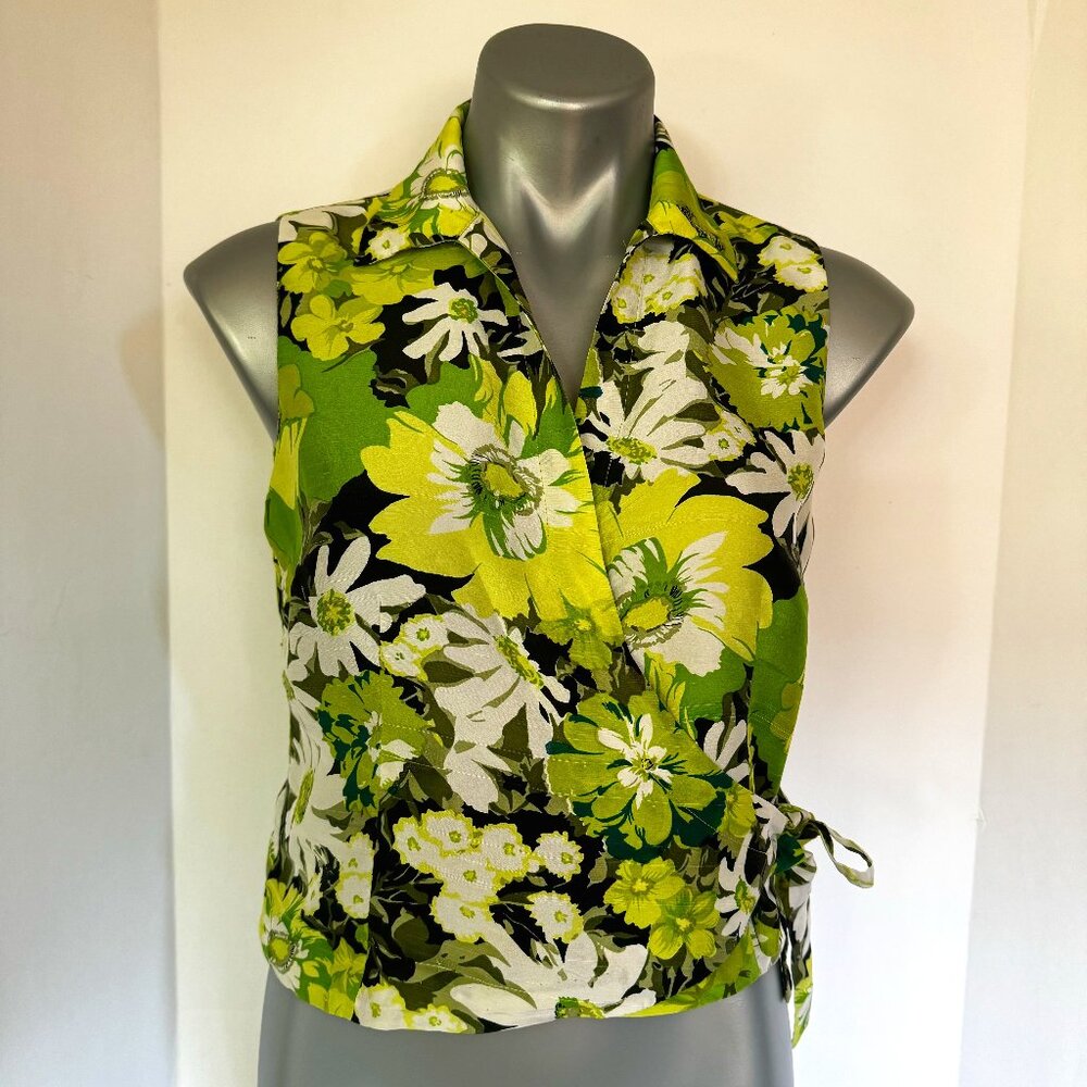 Vtg SLB 100% Silk Top Sz 8 Green Retro Floral Print Sleeveless Button Tie Crop